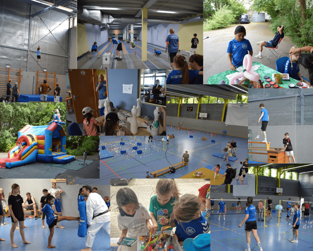 Collage Kinderfest 2025 Eine Foto-Collage von Schnappschüssen des Kinderfestes 2025. Kinder beim Schminken, Basteln, auf der Hüpfburg und an den verschiedenen Stationen vom Stationenlauf wie Handball, Turnen, Kegeln oder Badminton.